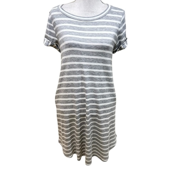 Emerald Gray & White Striped short cuff sleeve dress pockets back buttons small - Picture 1 of 8